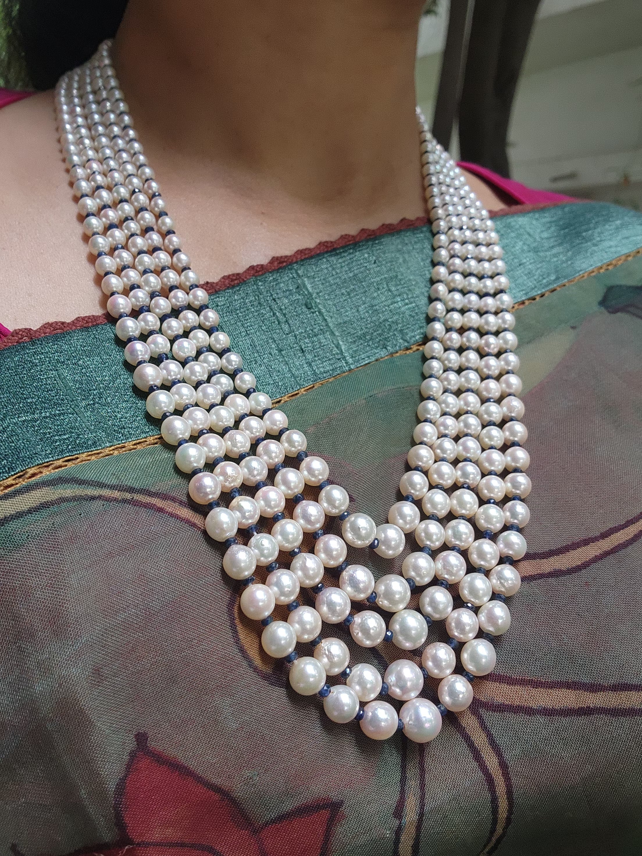 Five Line South Sea Pearls with Blue Sapphire-Silver Neckpiece-House of Taamara-House of Taamara