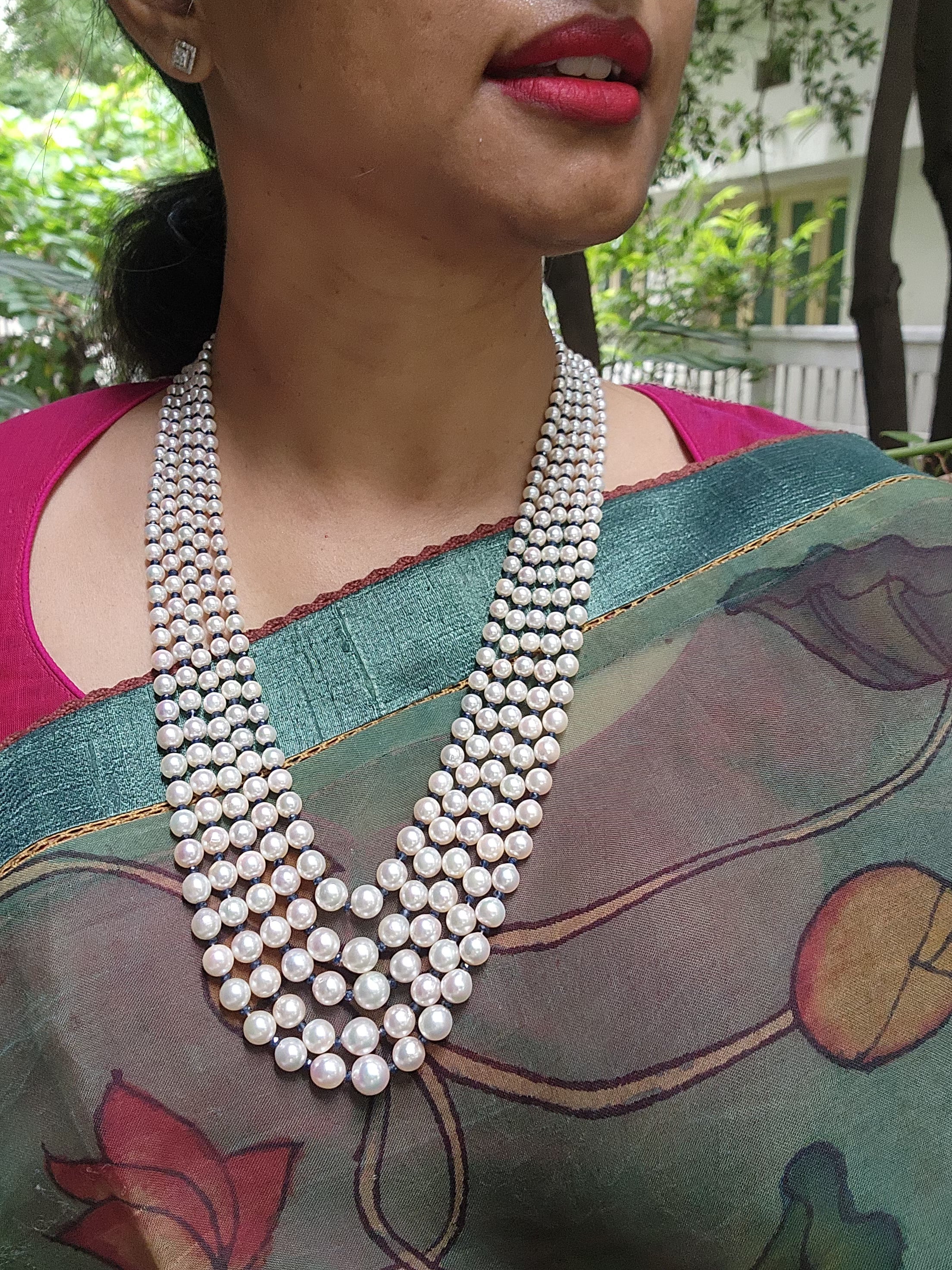 Five Line South Sea Pearls with Blue Sapphire-Silver Neckpiece-House of Taamara-House of Taamara
