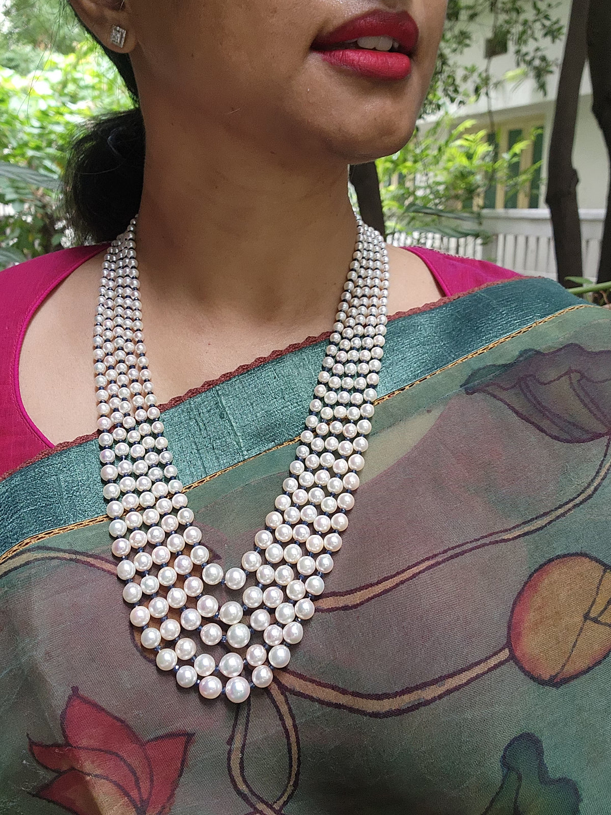 Five Line South Sea Pearls with Blue Sapphire-Silver Neckpiece-House of Taamara-House of Taamara