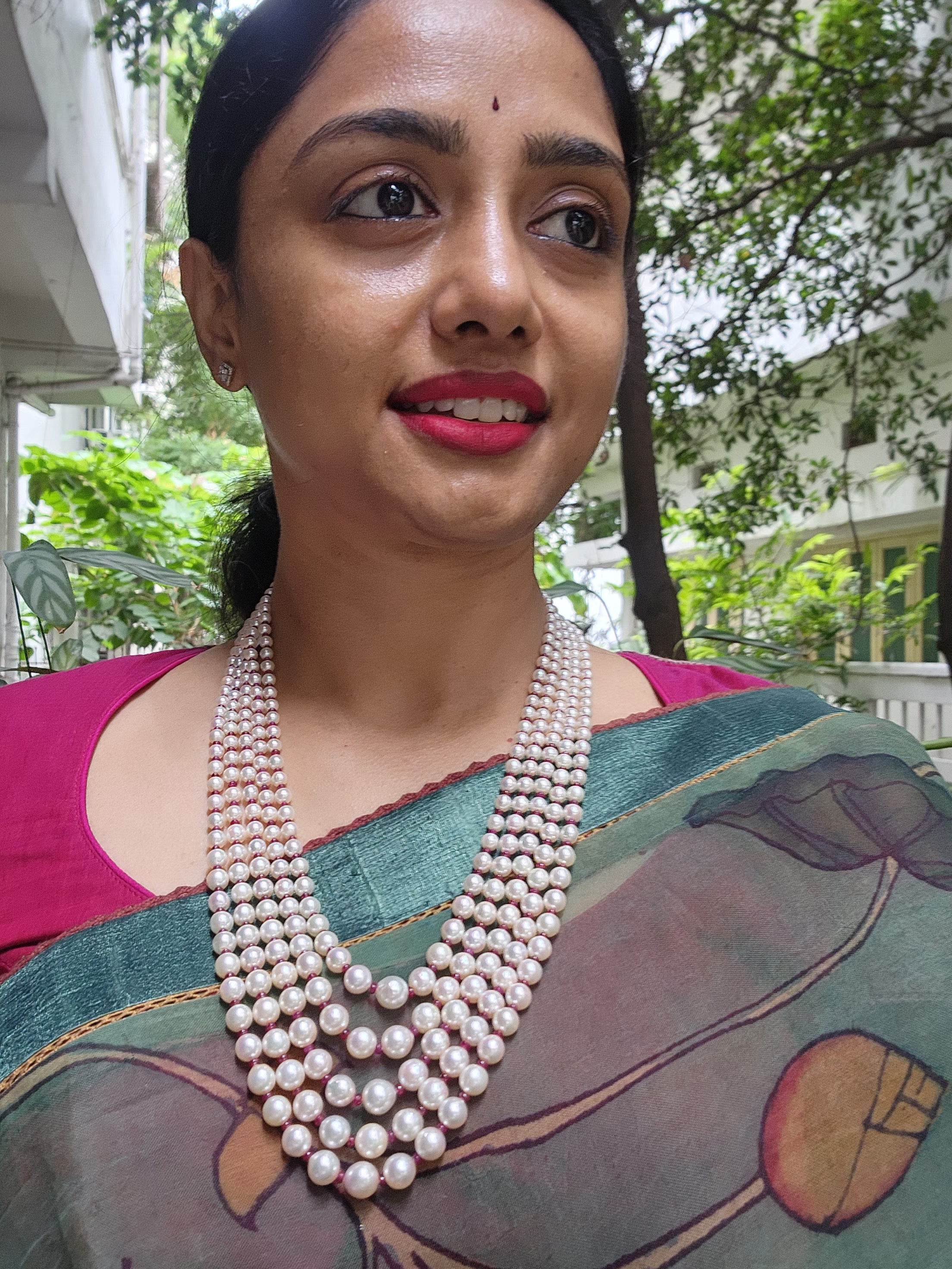 Five Line South Sea Pearls with Ruby-Silver Neckpiece-House of Taamara-House of Taamara