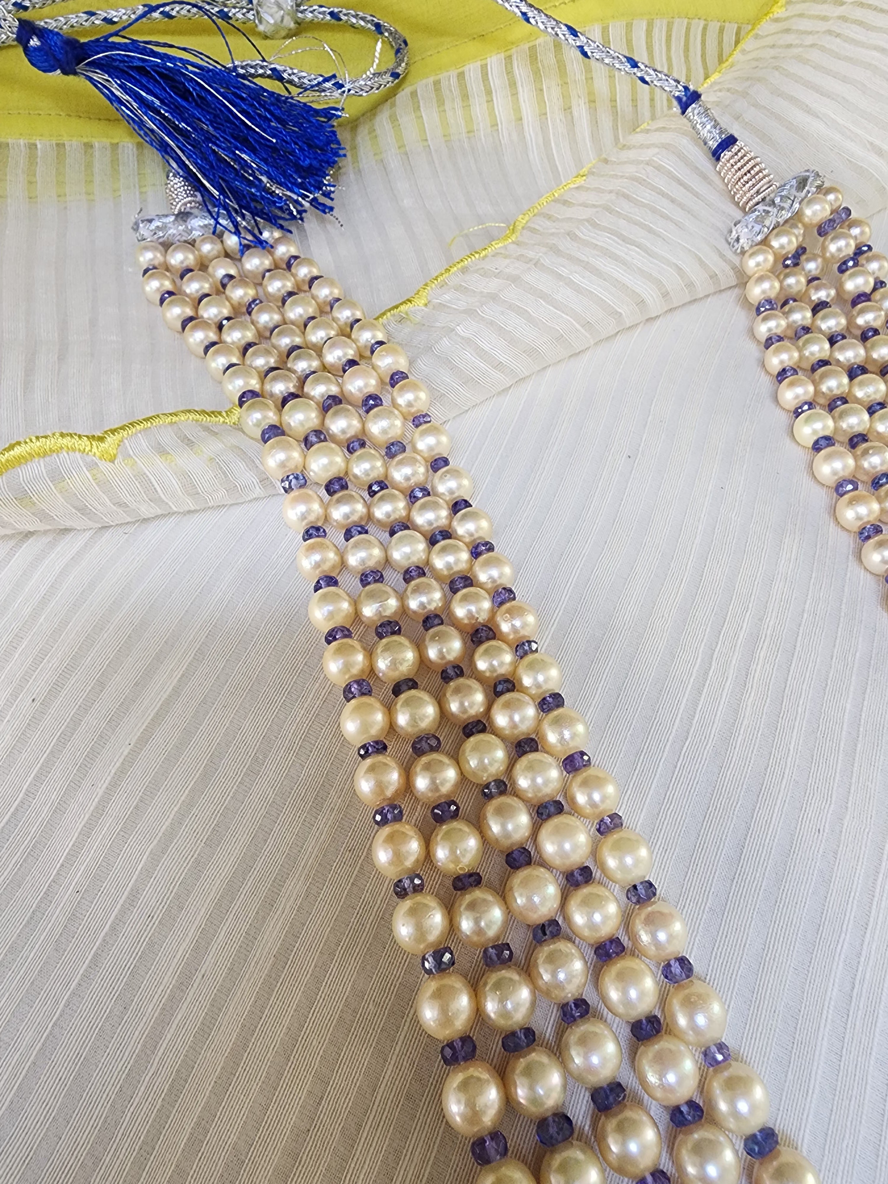 Five Line South Sea Pearls with Tanzanites-Silver Neckpiece-House of Taamara-House of Taamara