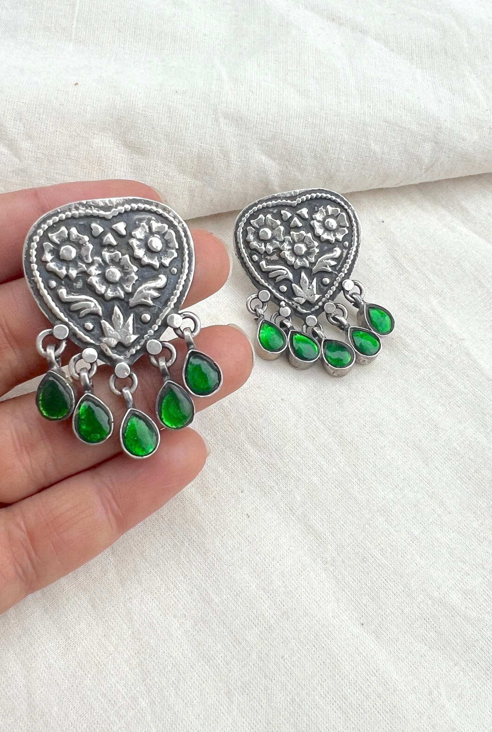 Floral stamp piece with green drops-Silver earrings-EZ-House of Taamara