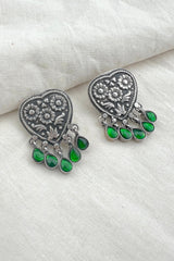 Floral stamp piece with green drops-Silver earrings-EZ-House of Taamara