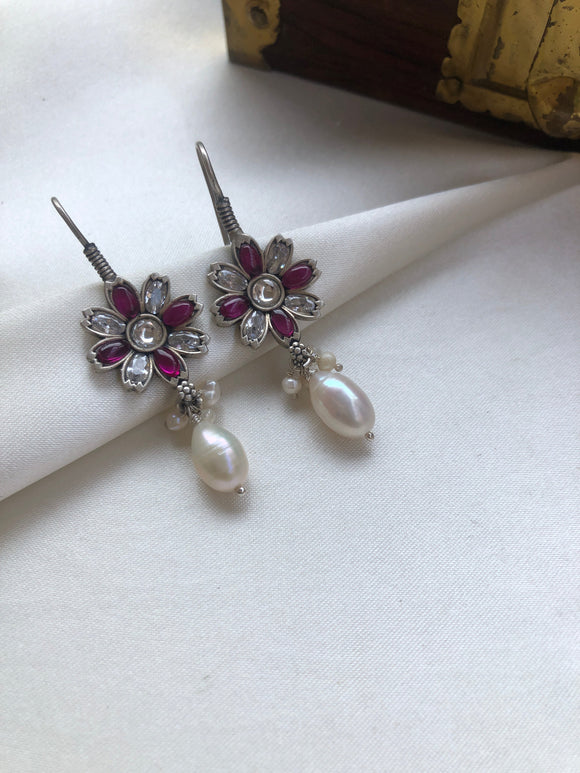 Flower kemp and zircon earrings with pearl drop-Earrings-PL-House of Taamara