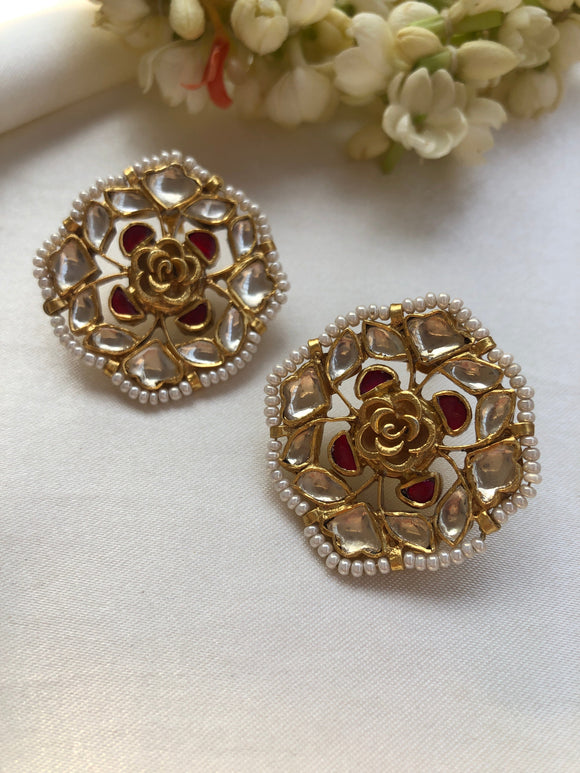 Flower square kundan earrings with pearls-Earrings-PL-House of Taamara