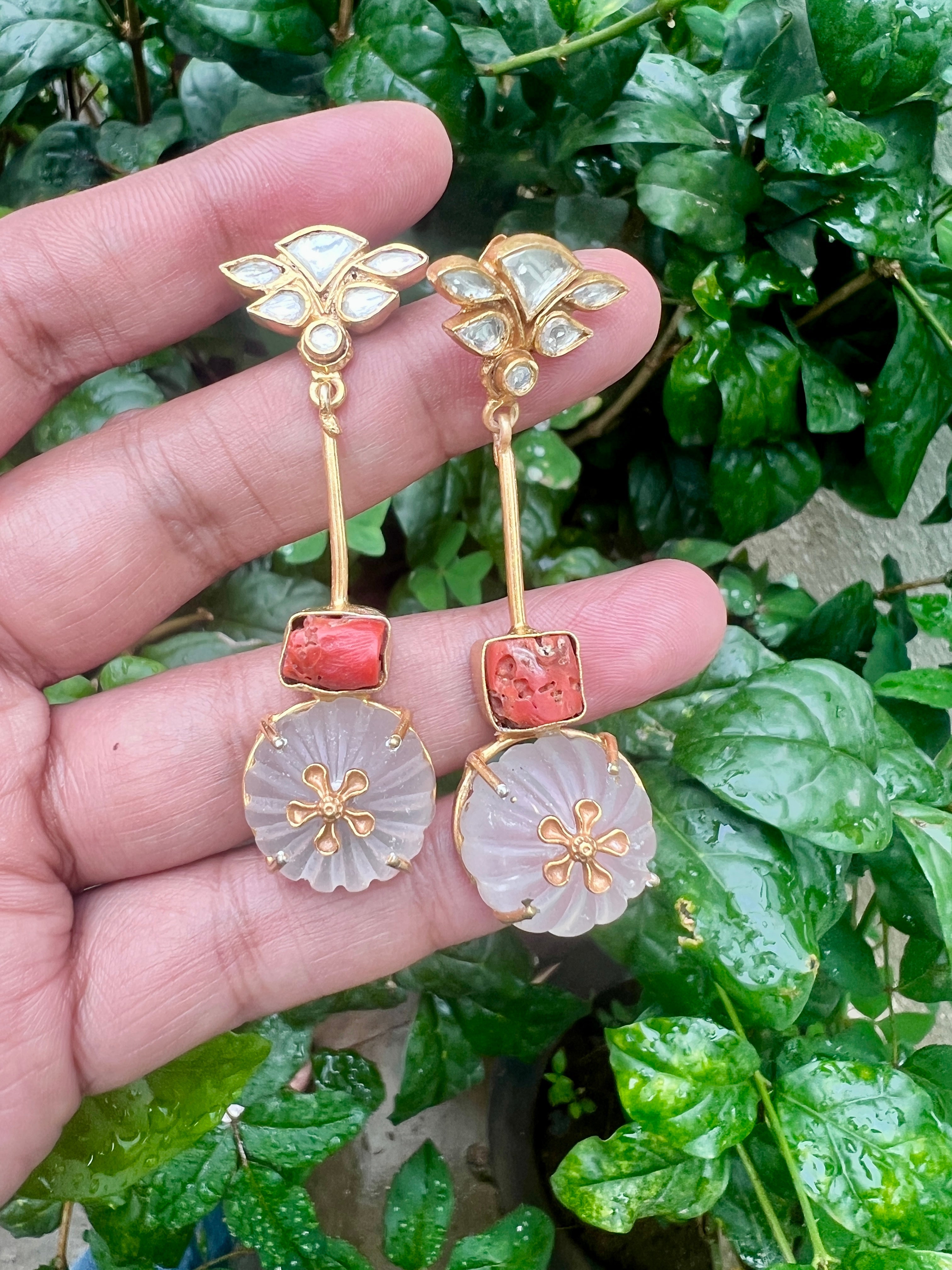 Fluoride with kundan and coral earrings-Earrings-PL-House of Taamara