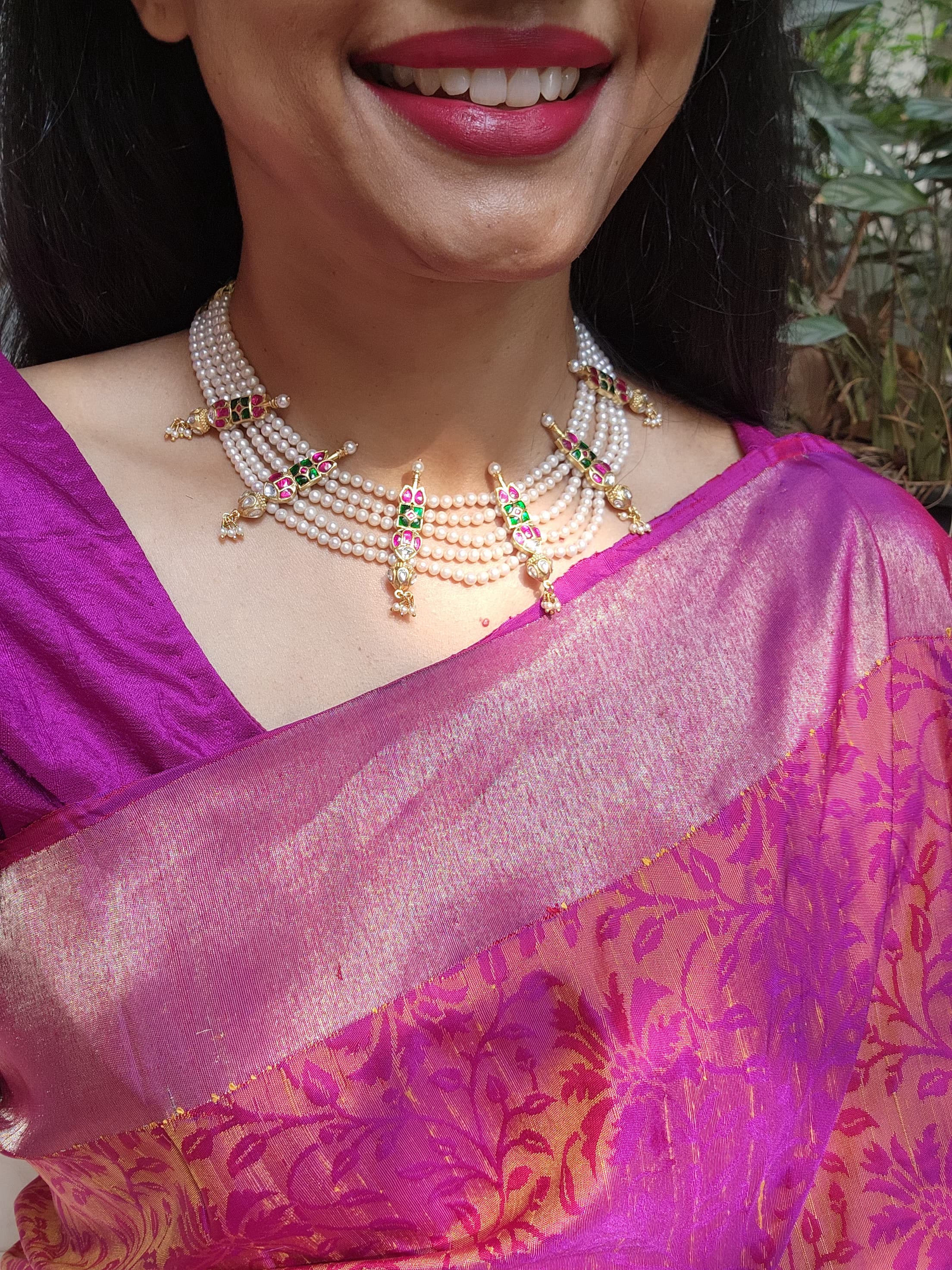 Fresh water round pearls with kundan 4 line necklace-Silver Neckpiece-PL-House of Taamara