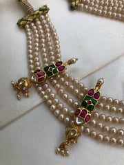 Fresh water round pearls with kundan 4 line necklace-Silver Neckpiece-PL-House of Taamara