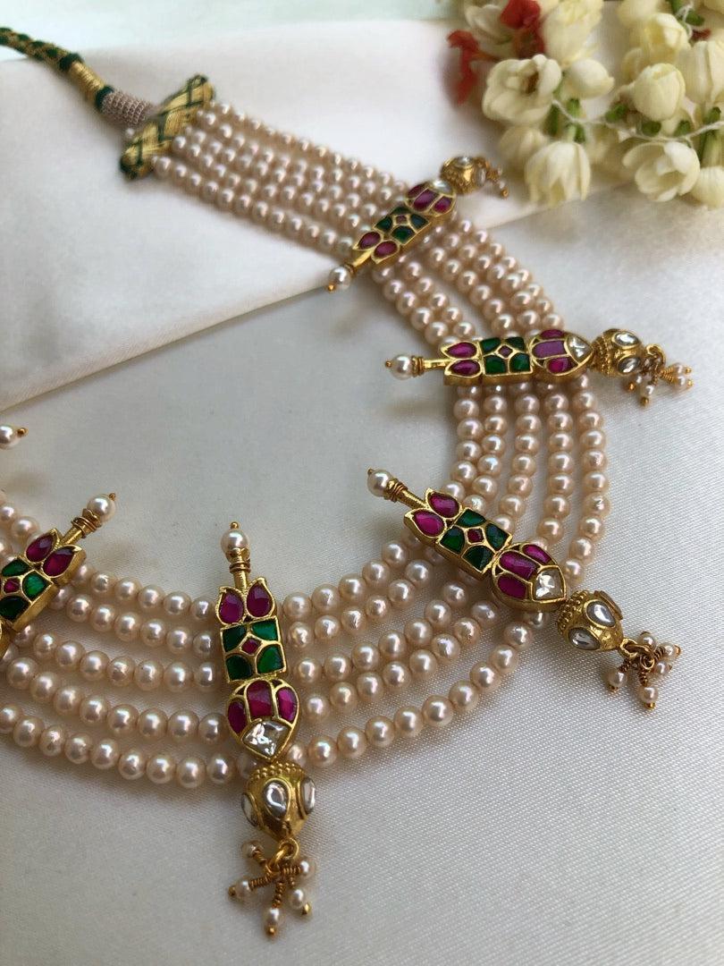 Fresh water round pearls with kundan 4 line necklace-Silver Neckpiece-PL-House of Taamara