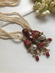 Gandaberunda kundan style pendant with pearls necklace-Silver Neckpiece-PL-House of Taamara