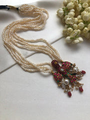 Gandaberunda kundan style pendant with pearls necklace-Silver Neckpiece-PL-House of Taamara