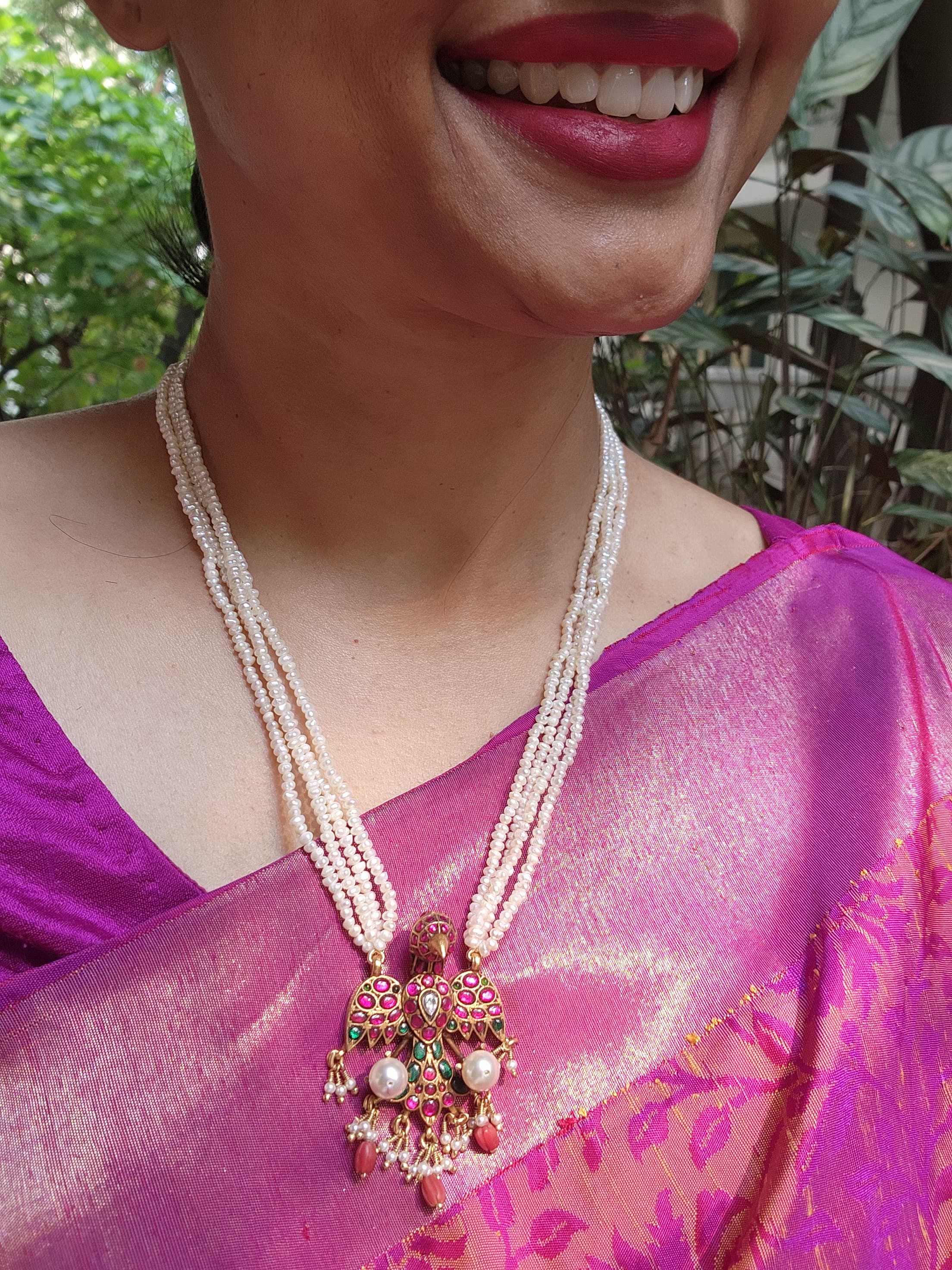 Gandaberunda kundan style pendant with pearls necklace-Silver Neckpiece-PL-House of Taamara