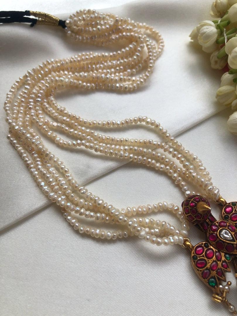 Gandaberunda kundan style pendant with pearls necklace-Silver Neckpiece-PL-House of Taamara