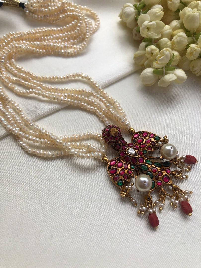 Gandaberunda kundan style pendant with pearls necklace-Silver Neckpiece-PL-House of Taamara