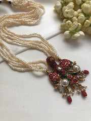 Gandaberunda kundan style pendant with pearls necklace-Silver Neckpiece-PL-House of Taamara