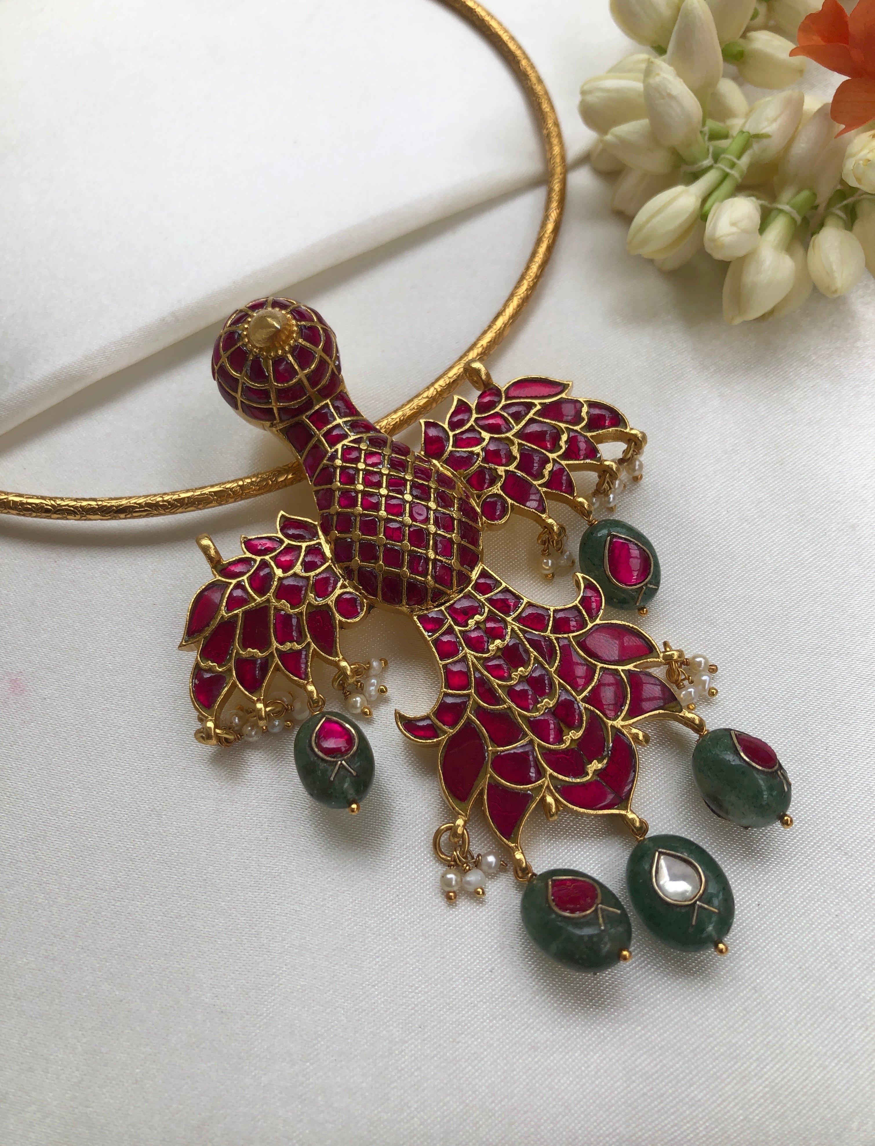 Gandaberunda, ruby & agate beads large pendant with hasli-Silver Neckpiece-PL-House of Taamara