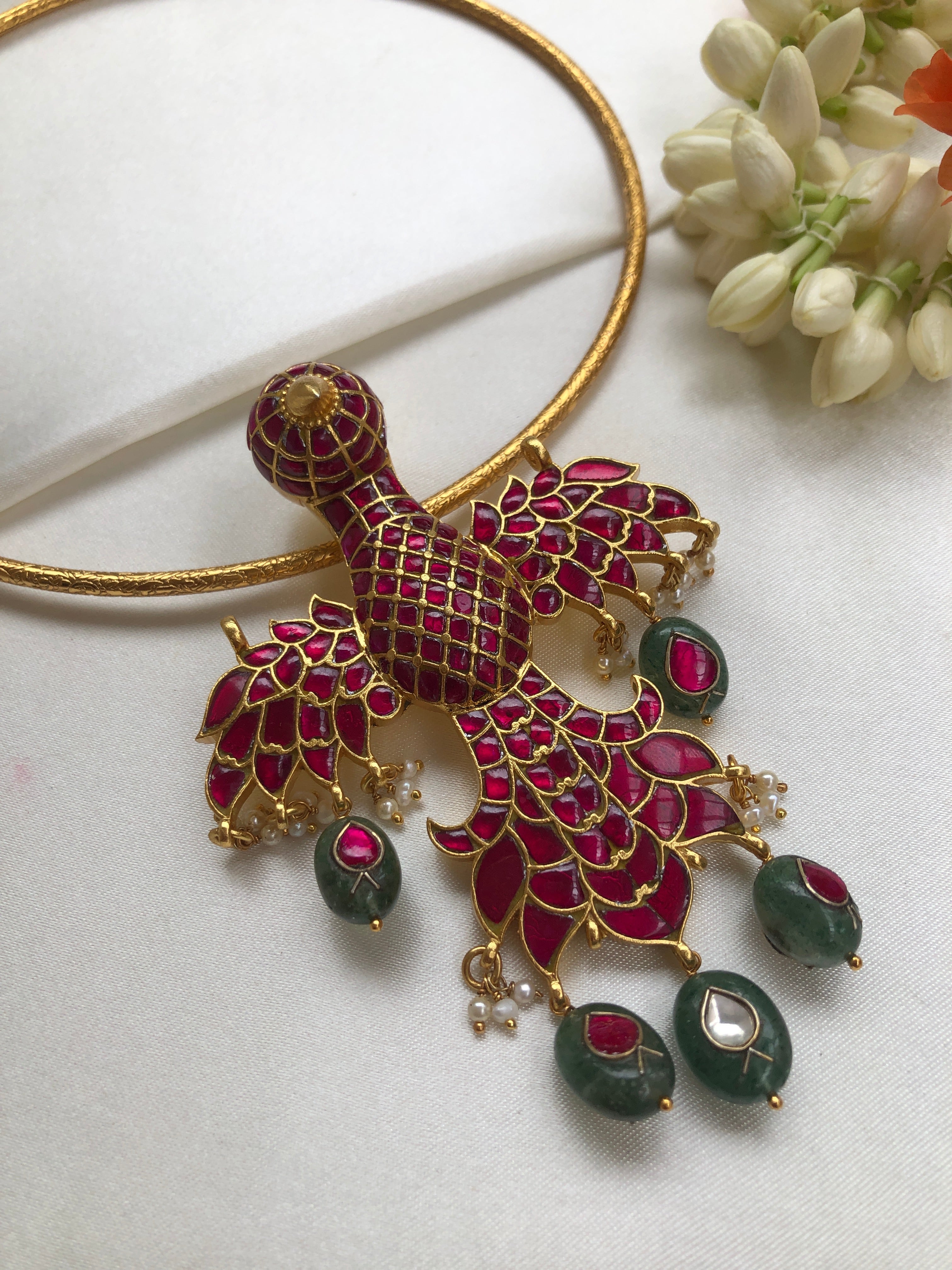 Gandaberunda, ruby & agate beads large pendant with hasli-Silver Neckpiece-PL-House of Taamara