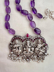 Ganesha, Lakshmi & Saraswati kemp pendant with amethyst beads chain-Silver Neckpiece-CI-House of Taamara