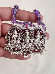 Ganesha, Lakshmi & Saraswati kemp pendant with amethyst beads chain-Silver Neckpiece-CI-House of Taamara