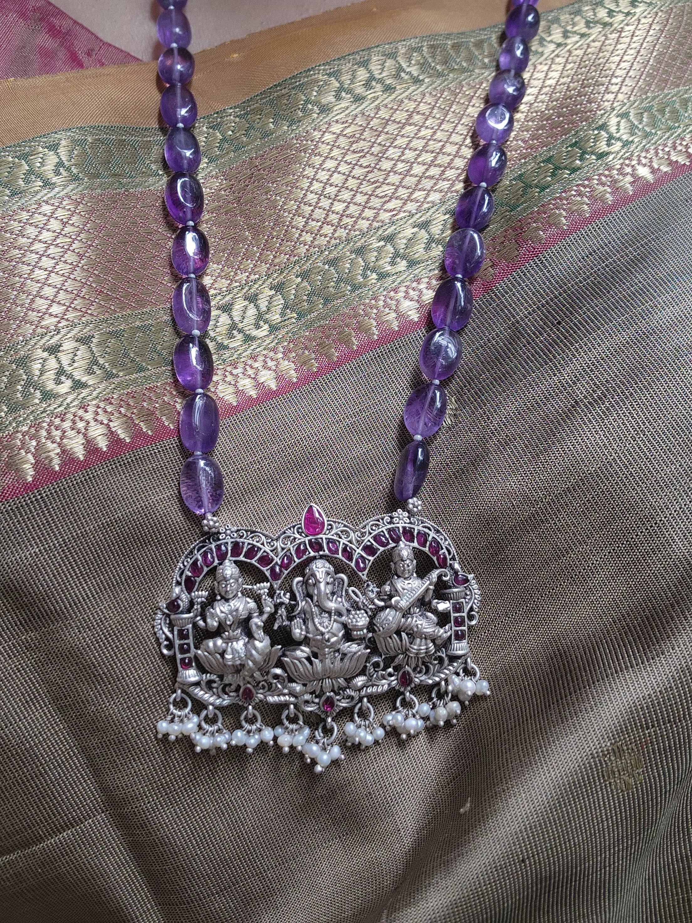 Ganesha, Lakshmi & Saraswati kemp pendant with amethyst beads chain-Silver Neckpiece-CI-House of Taamara