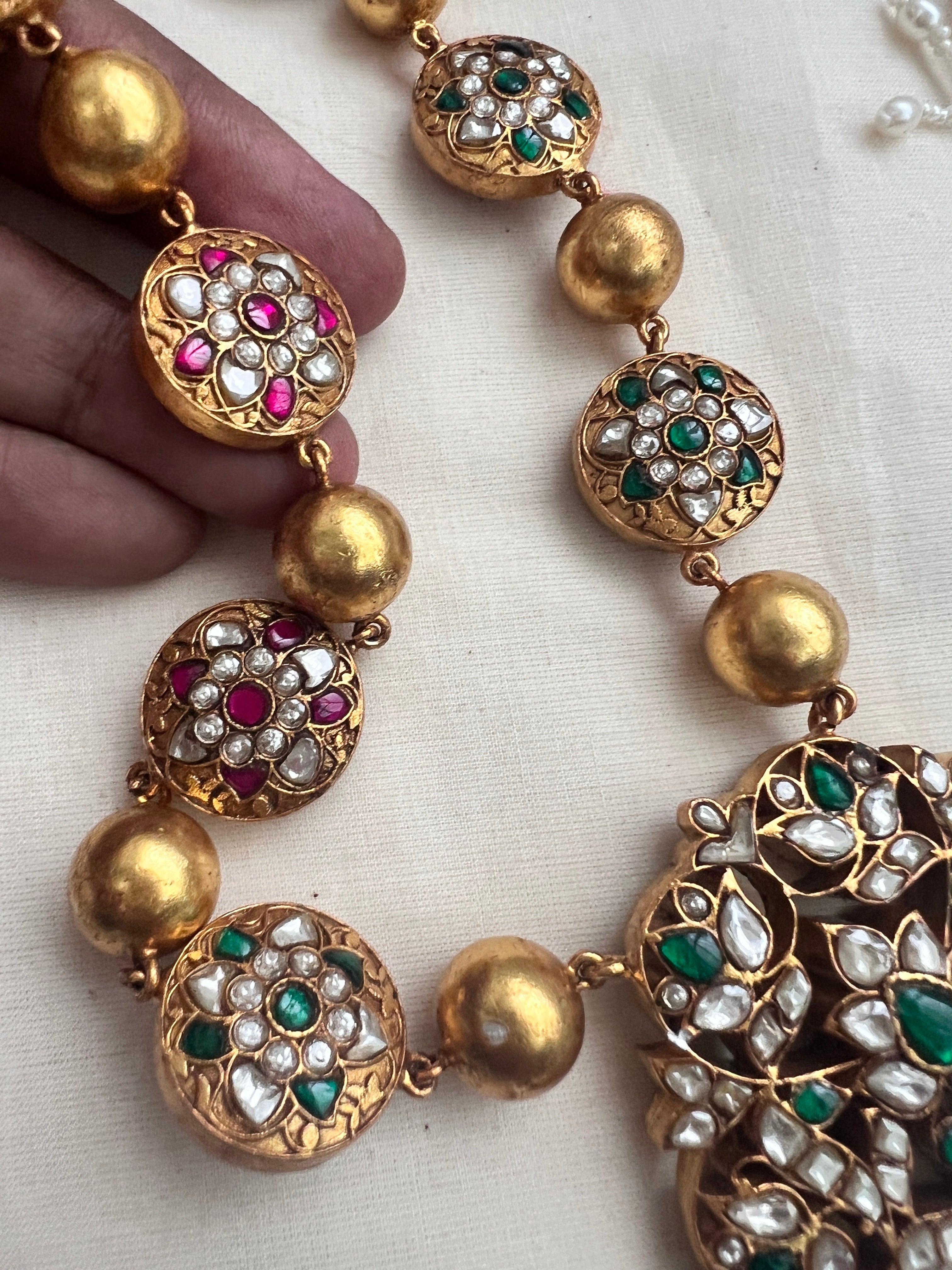 Gold Polish 2 Sided Necklace With Kundan, Ruby & Emerald Motifs (Made to order)-Silver Neckpiece-CI-House of Taamara