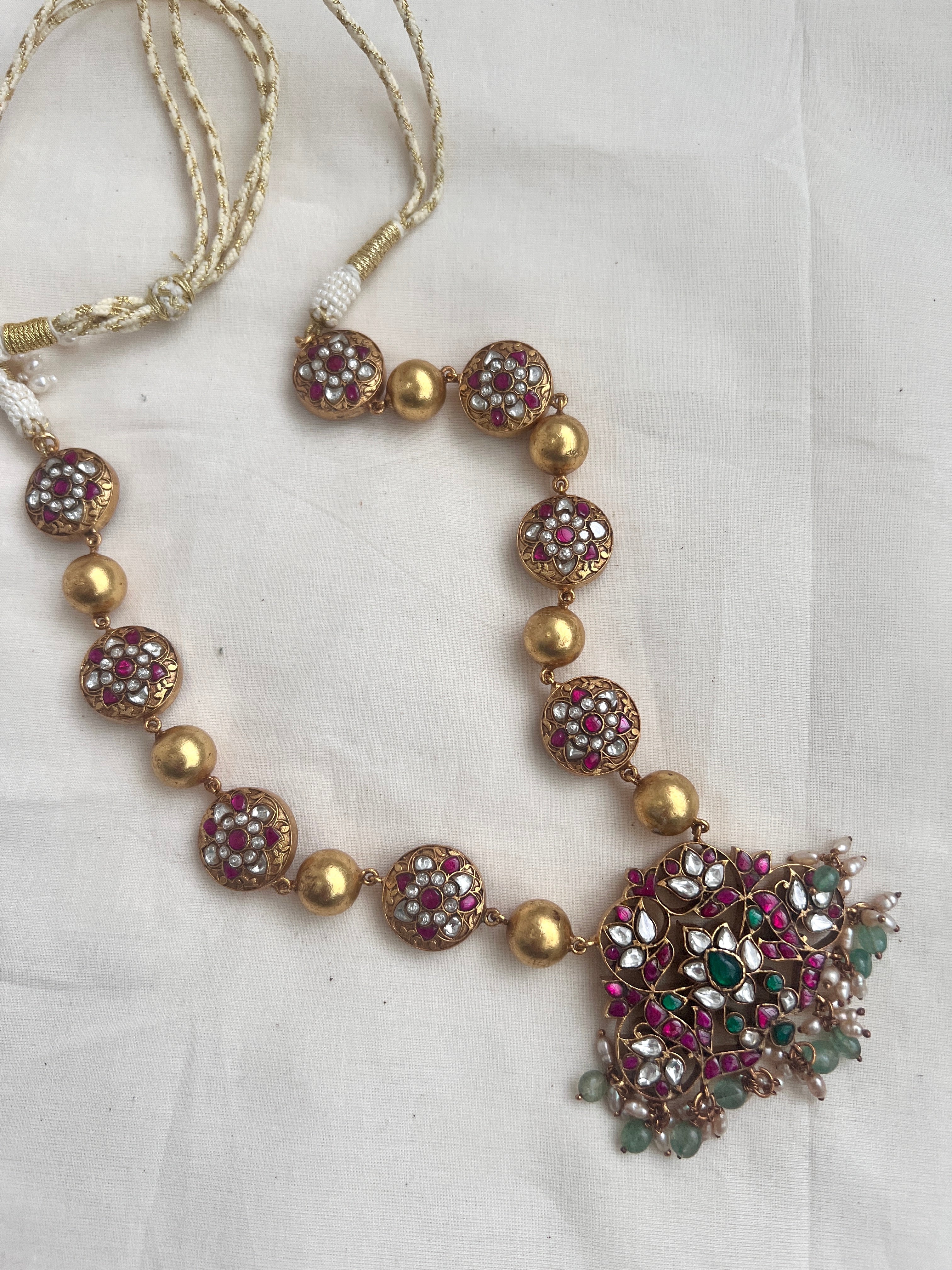 Gold Polish 2 Sided Necklace With Kundan, Ruby & Emerald Motifs (Made to order)-Silver Neckpiece-CI-House of Taamara