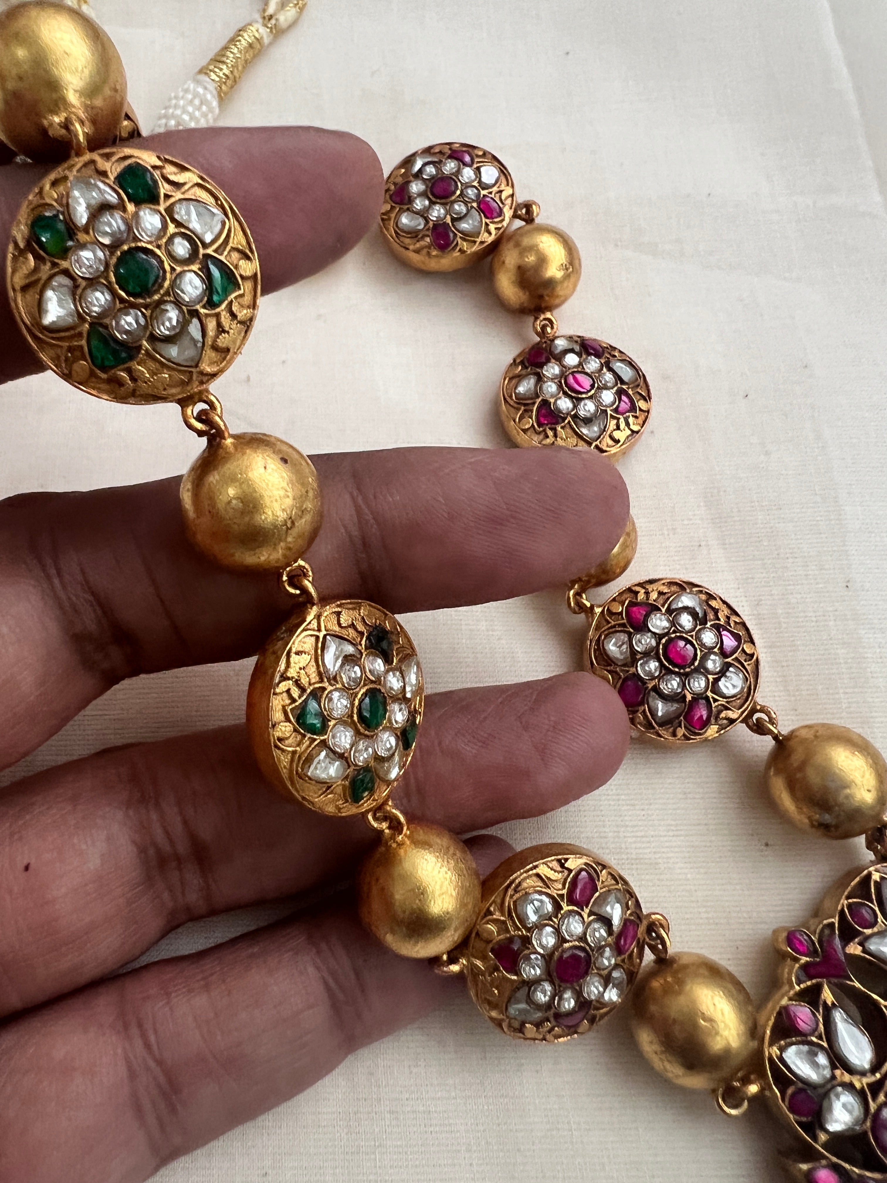 Gold Polish 2 Sided Necklace With Kundan, Ruby & Emerald Motifs (Made to order)-Silver Neckpiece-CI-House of Taamara