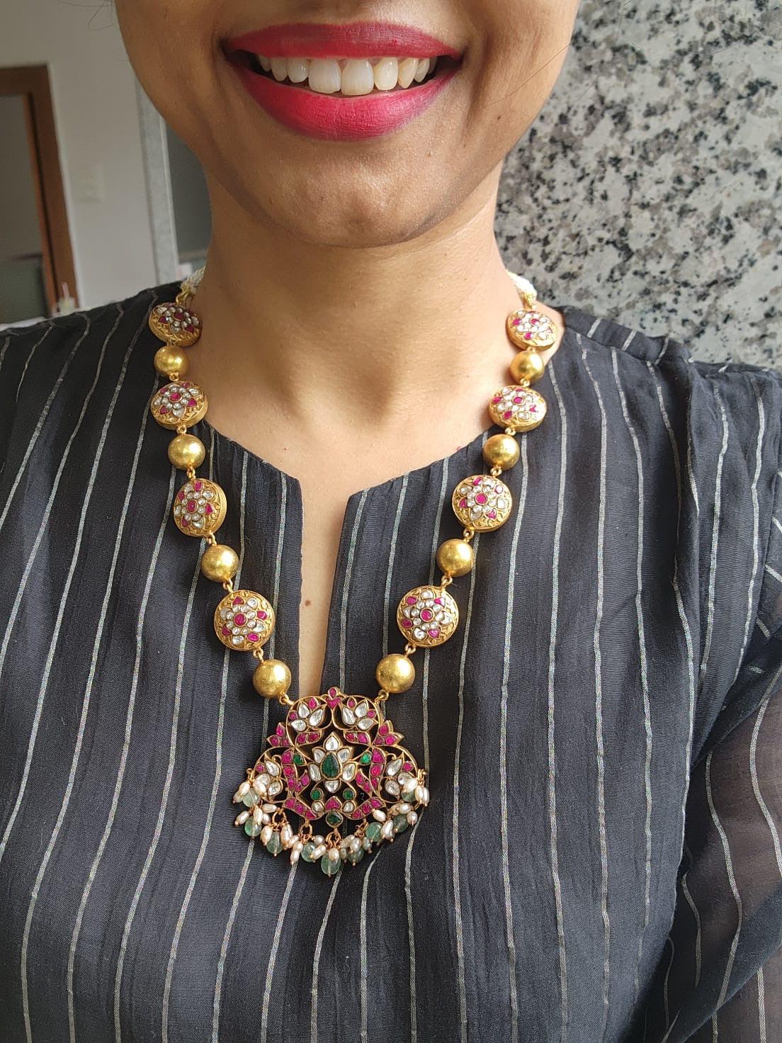 Gold Polish 2 Sided Necklace With Kundan, Ruby & Emerald Motifs (Made to order)-Silver Neckpiece-CI-House of Taamara