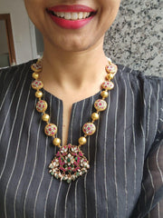 Gold Polish 2 Sided Necklace With Kundan, Ruby & Emerald Motifs (Made to order)-Silver Neckpiece-CI-House of Taamara