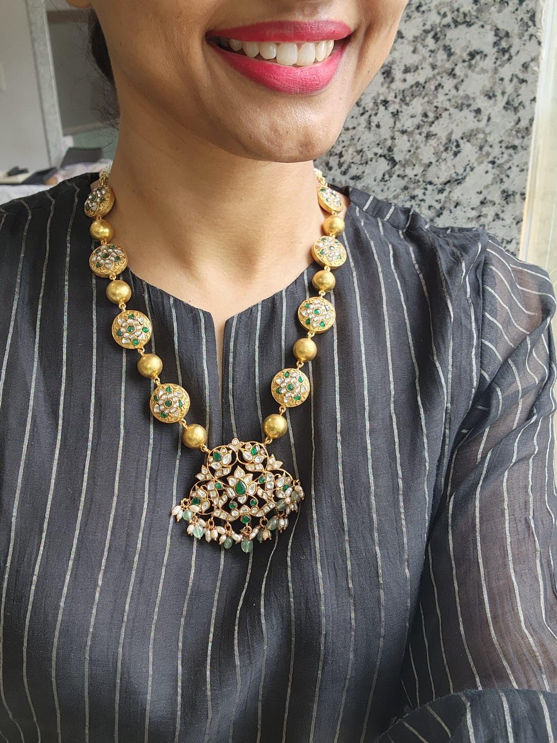 Gold Polish 2 Sided Necklace With Kundan, Ruby & Emerald Motifs-Silver Neckpiece-CI-House of Taamara