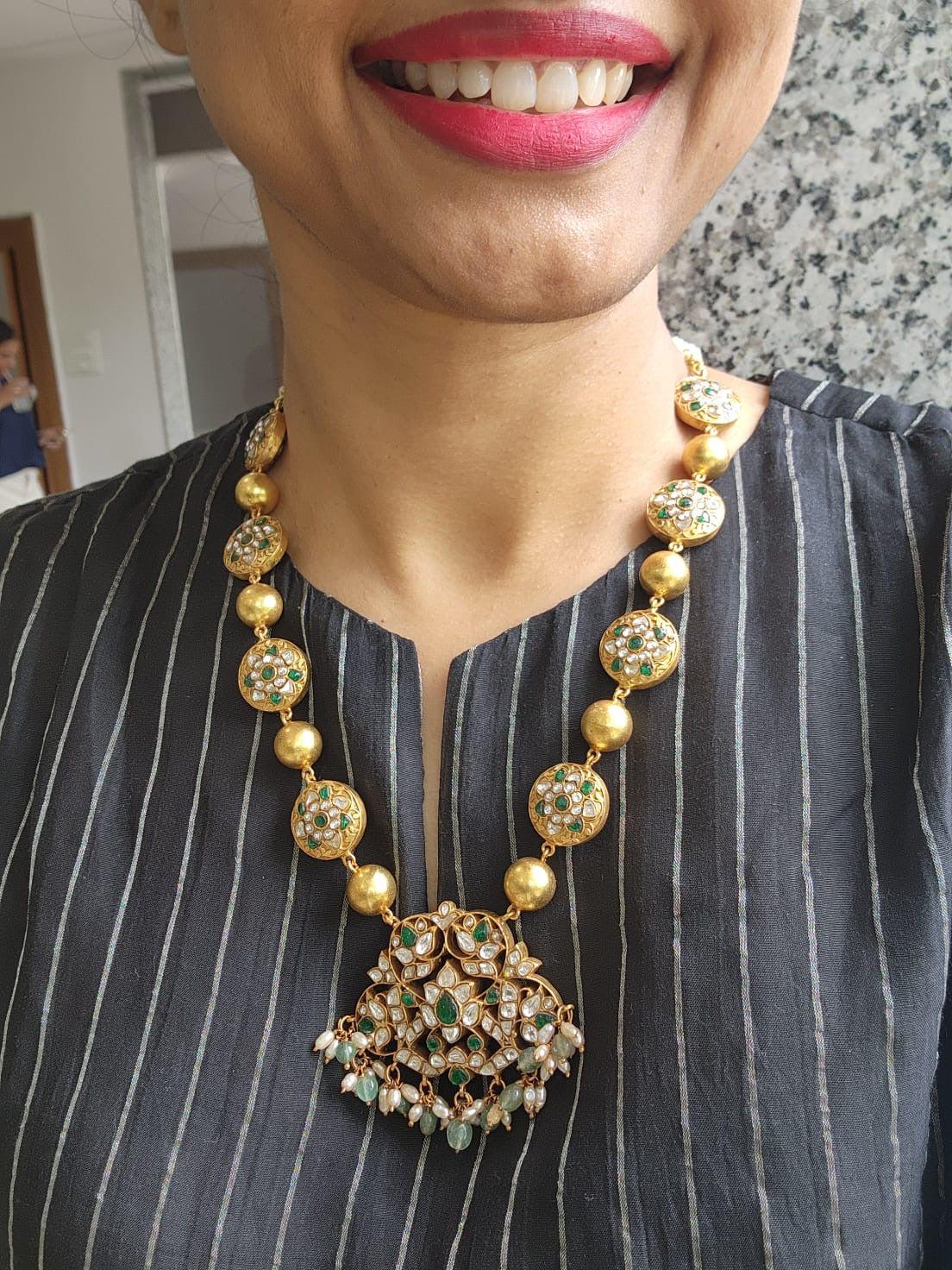 Gold Polish 2 Sided Necklace With Kundan, Ruby & Emerald Motifs-Silver Neckpiece-CI-House of Taamara