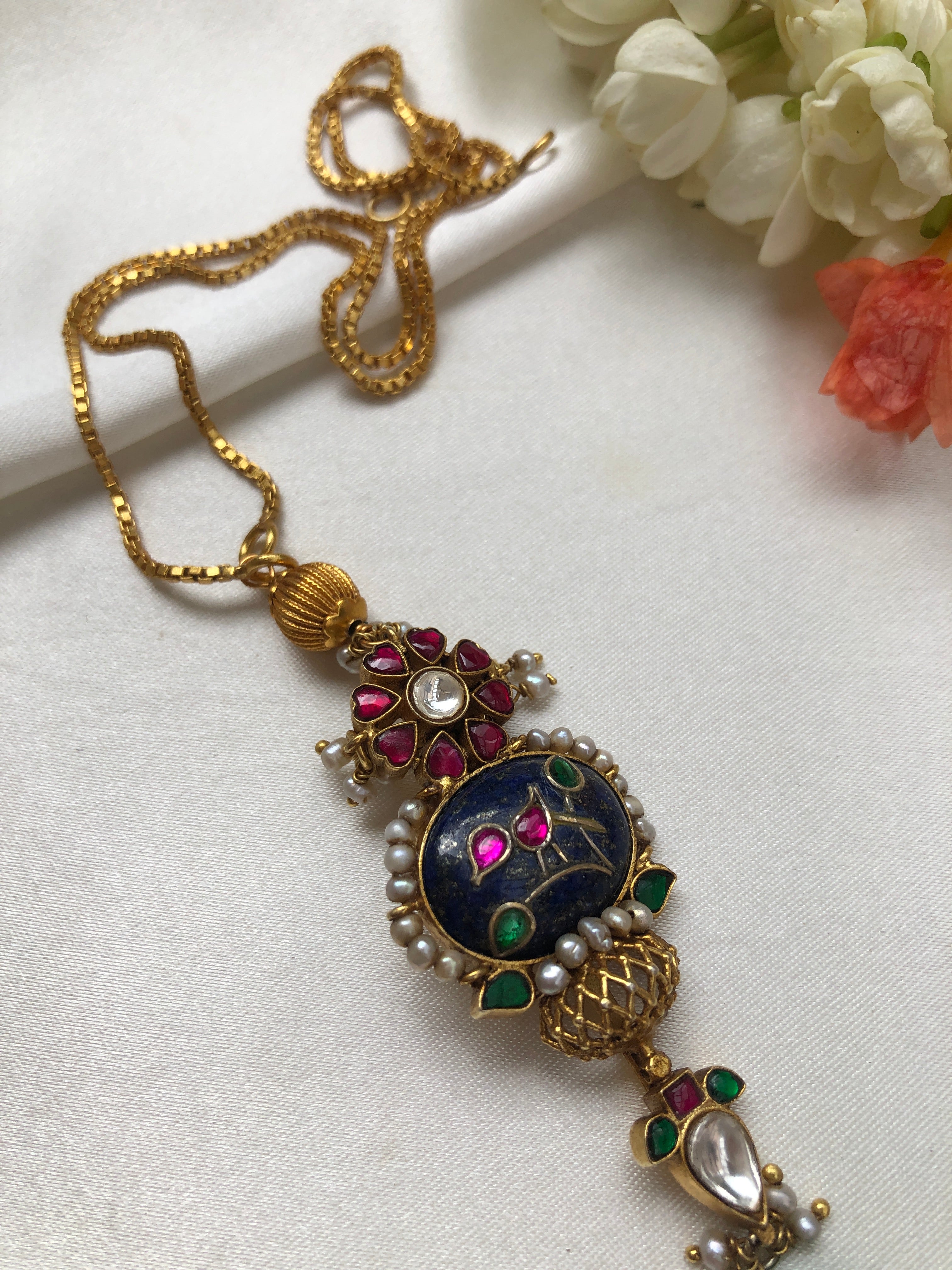 Gold Polish Chain & Blue Lapis With Intricate Kundan Work Pendant-Silver Neckpiece-PL-House of Taamara