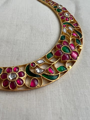 Gold Polish Hasli With Kundan Ruby & Emerald Peacock (MADE TO ORDER)-Silver Neckpiece-CI-House of Taamara