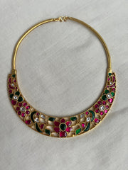 Gold Polish Hasli With Kundan Ruby & Emerald Peacock (MADE TO ORDER)-Silver Neckpiece-CI-House of Taamara