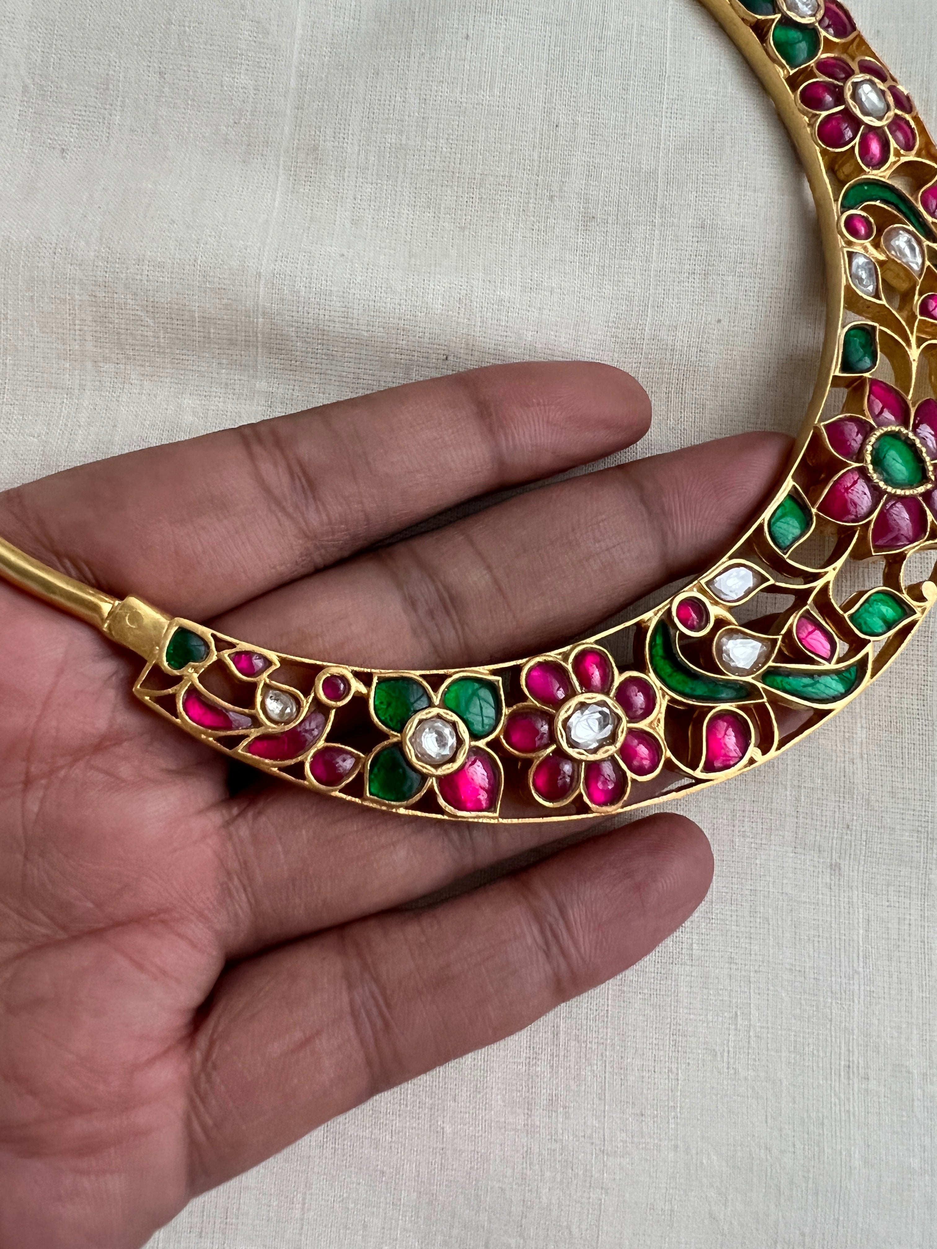 Gold Polish Hasli With Kundan Ruby & Emerald Peacock (MADE TO ORDER)-Silver Neckpiece-CI-House of Taamara