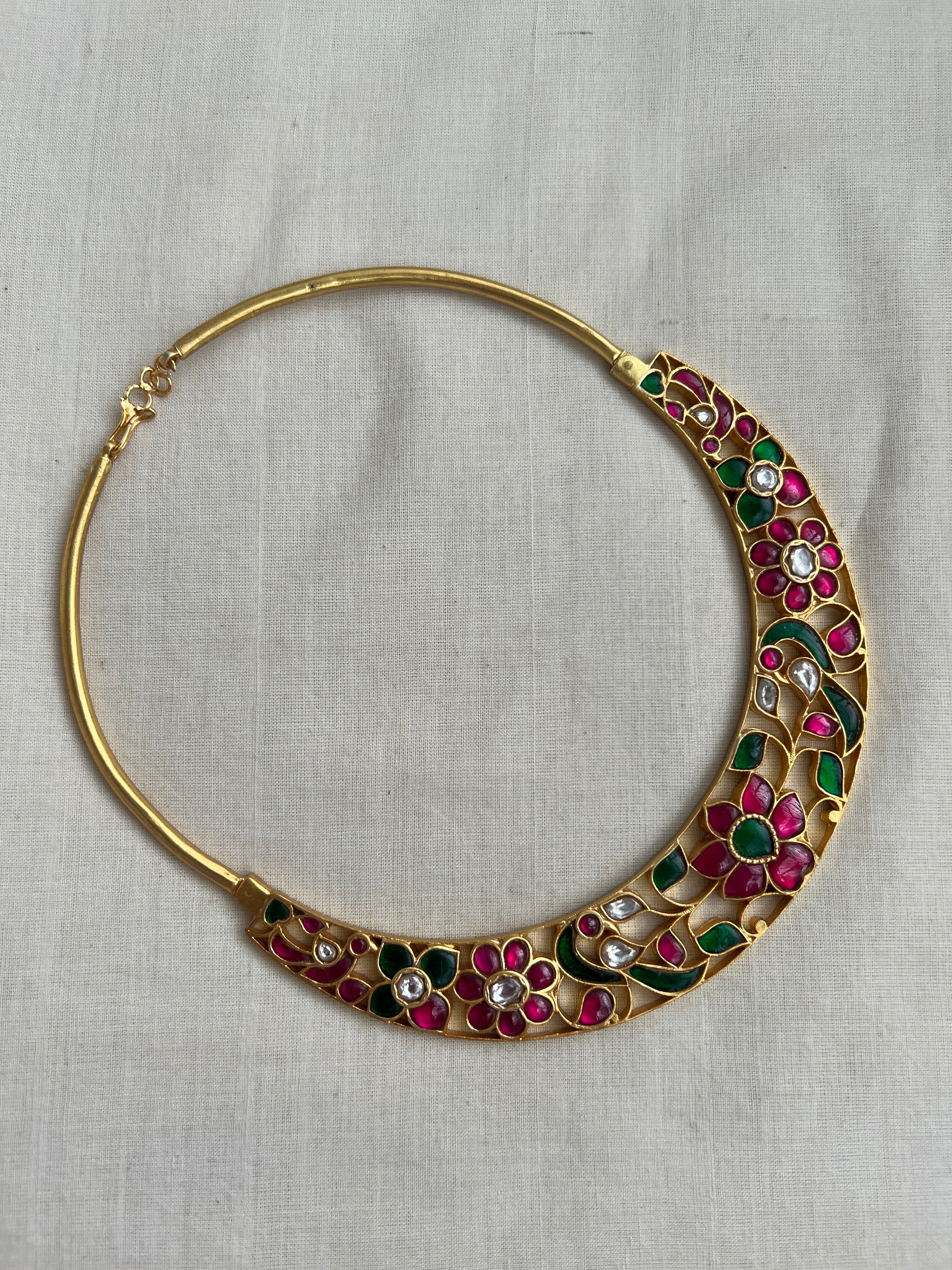 Gold Polish Hasli With Kundan Ruby & Emerald Peacock (MADE TO ORDER)-Silver Neckpiece-CI-House of Taamara