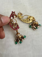 Gold Polish Kemp & Green Peacock Ear Cuffs With Jhumkas & Pearls (MADE TO ORDER)-Earrings-CI-House of Taamara