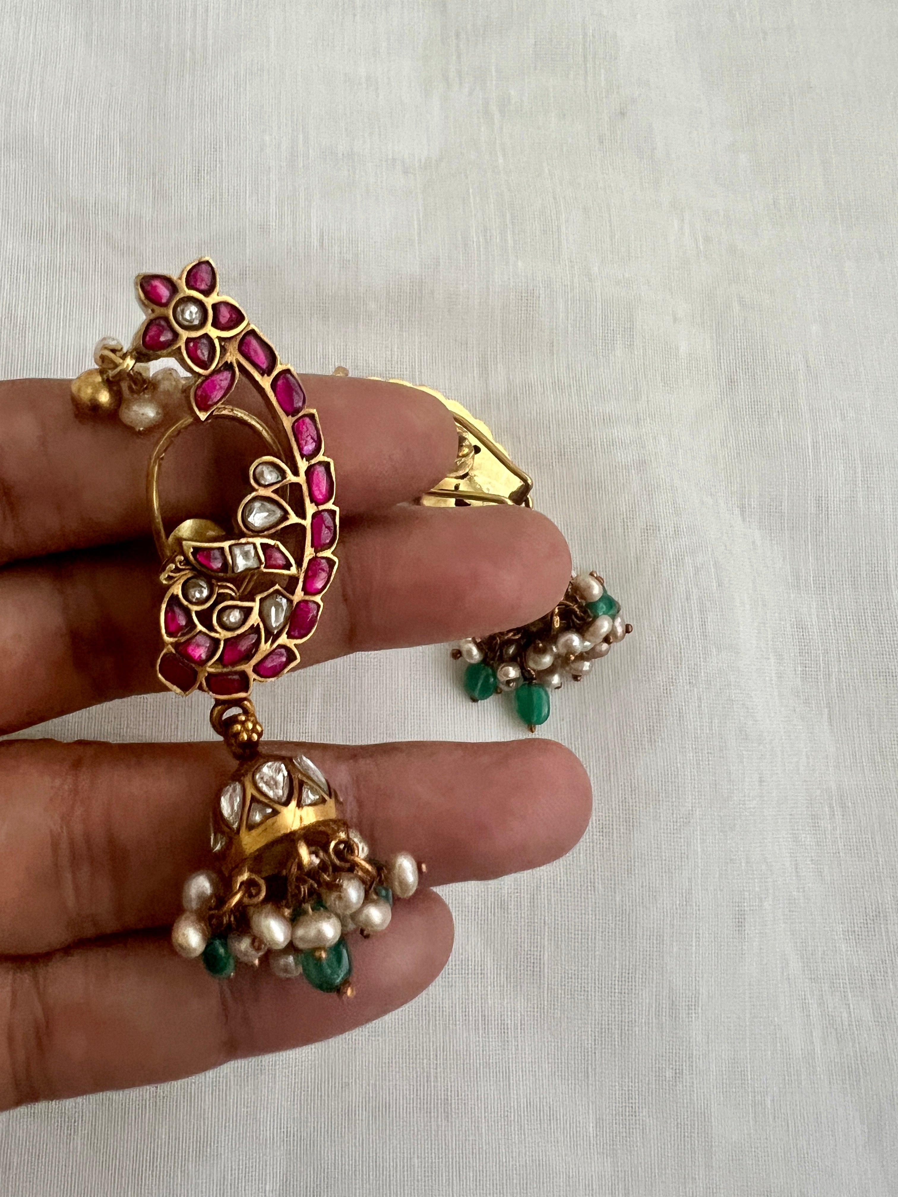 Gold Polish Kemp & Green Peacock Ear Cuffs With Jhumkas & Pearls (MADE TO ORDER)-Earrings-CI-House of Taamara