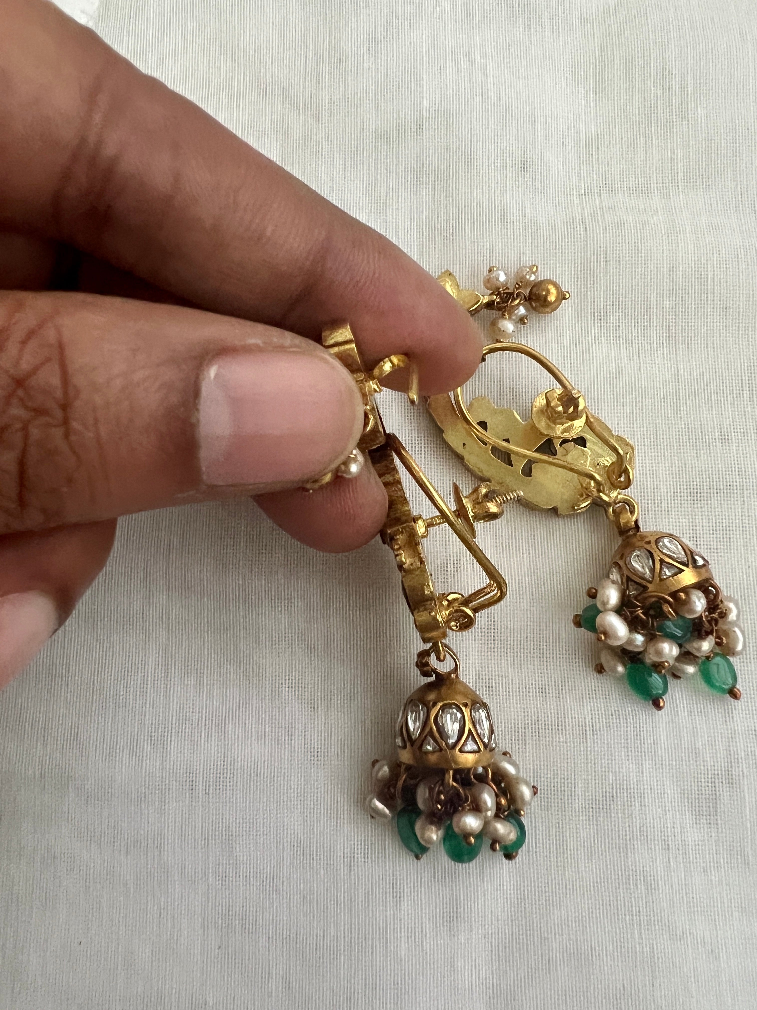 Gold Polish Kemp & Green Peacock Ear Cuffs With Jhumkas & Pearls (MADE TO ORDER)-Earrings-CI-House of Taamara