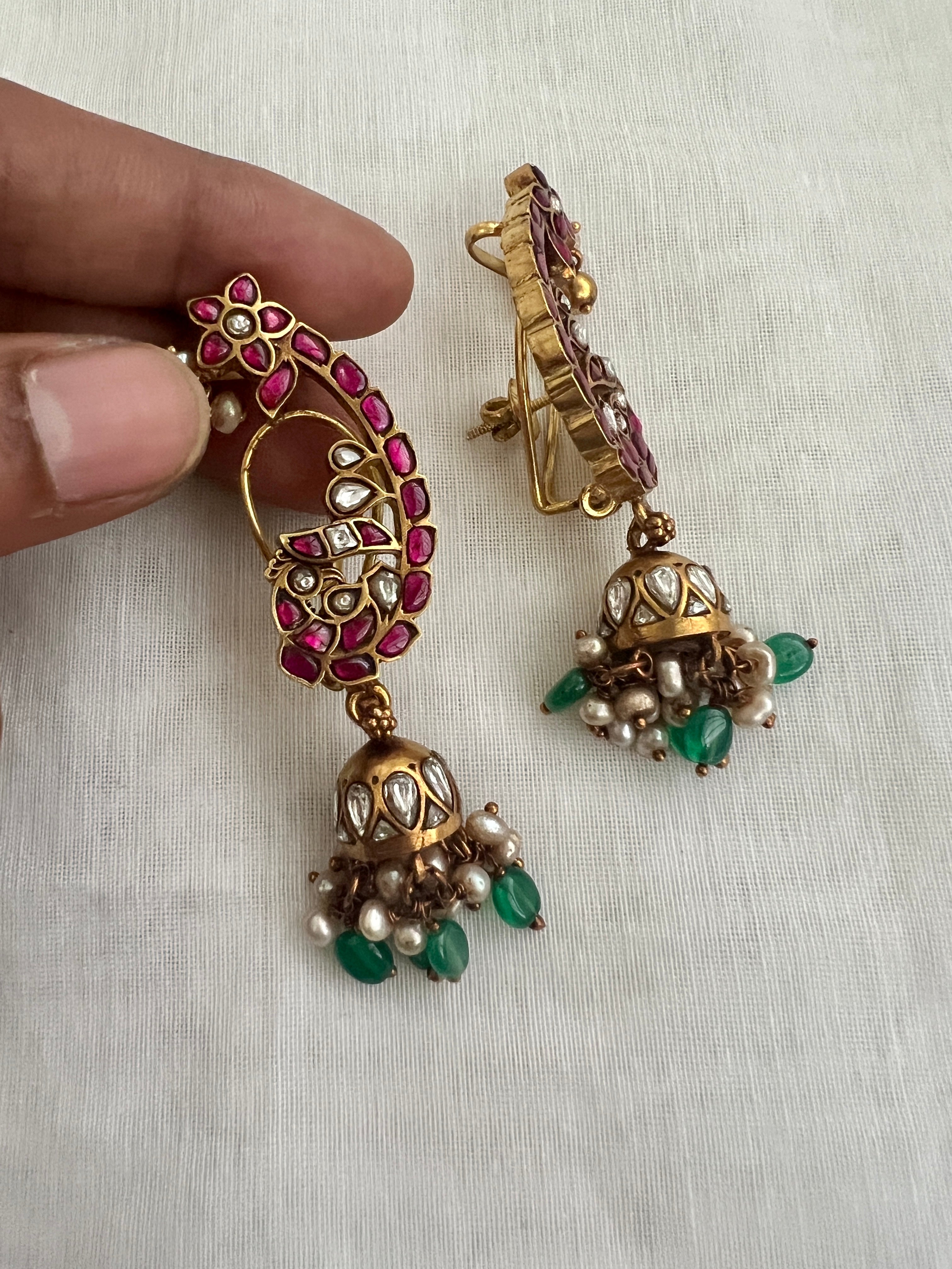 Gold Polish Kemp & Green Peacock Ear Cuffs With Jhumkas & Pearls (MADE TO ORDER)-Earrings-CI-House of Taamara