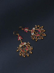 Gold Polish Kundan, Emerald & Ruby Hangings With Pearls (MADE TO ORDER)-Earrings-CI-House of Taamara