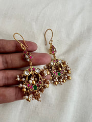 Gold Polish Kundan, Emerald & Ruby Hangings With Pearls (MADE TO ORDER)-Earrings-CI-House of Taamara