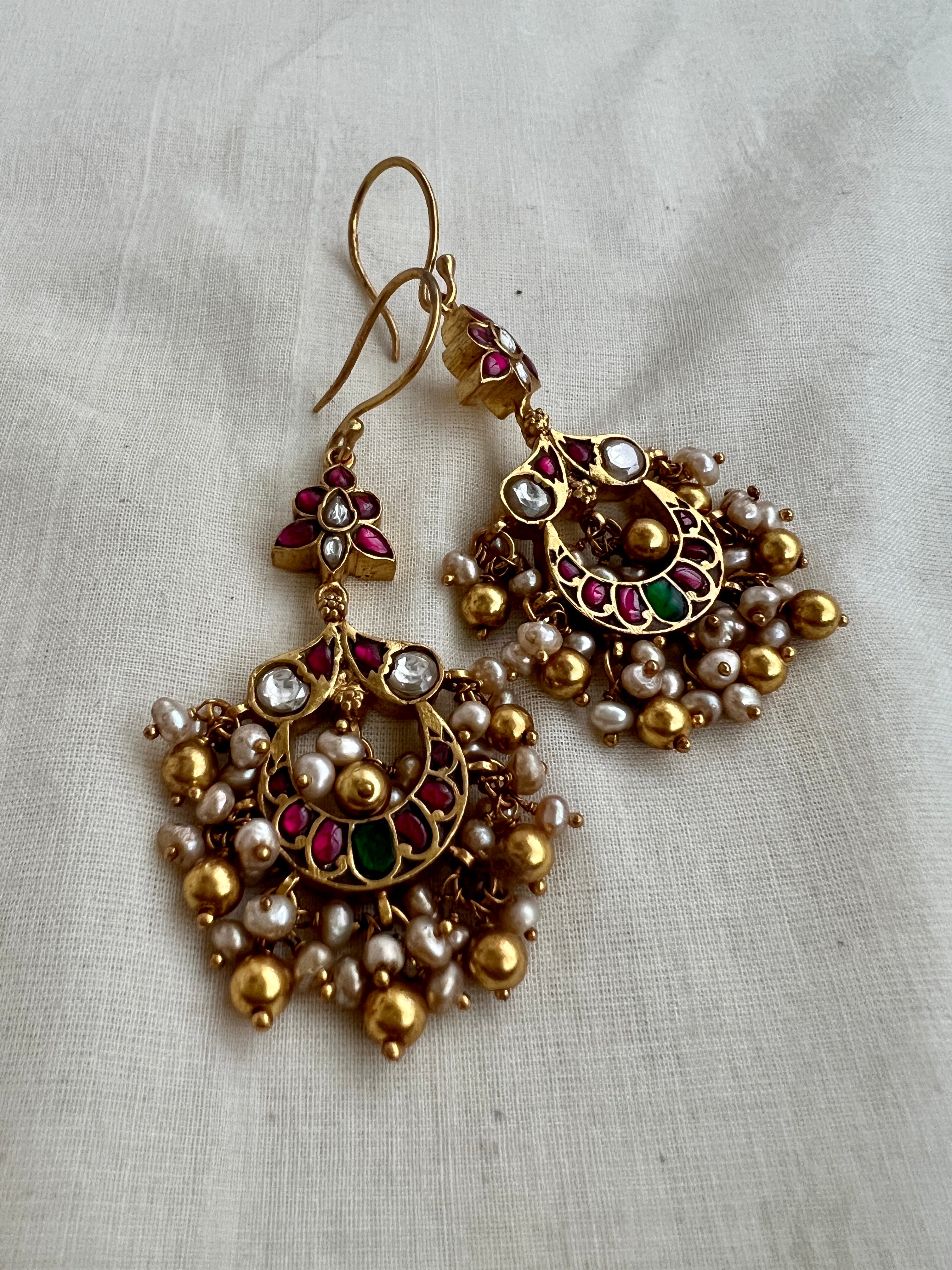 Gold Polish Kundan, Emerald & Ruby Hangings With Pearls (MADE TO ORDER)-Earrings-CI-House of Taamara