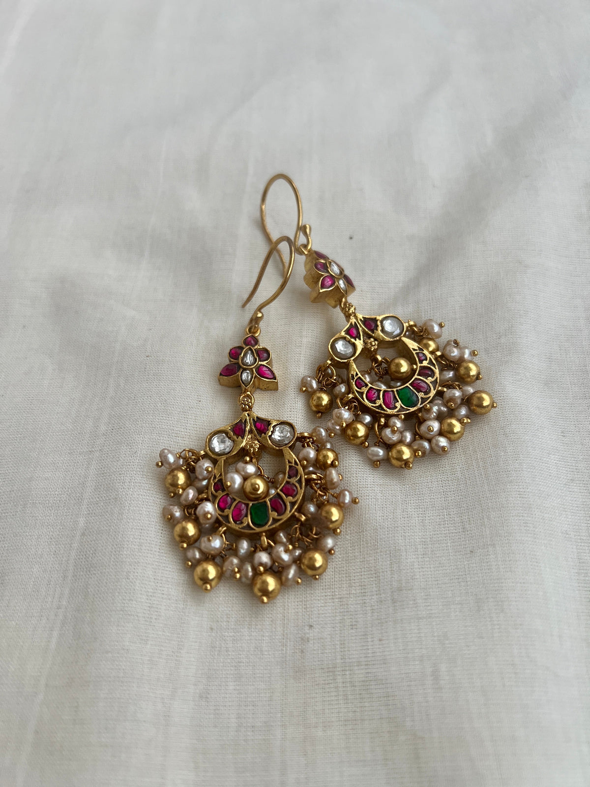 Gold Polish Kundan, Emerald & Ruby Hangings With Pearls (MADE TO ORDER)-Earrings-CI-House of Taamara