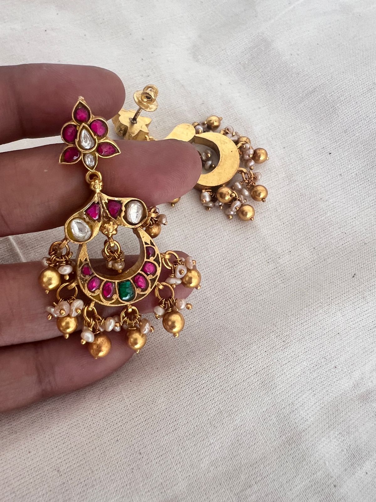 Gold Polish Kundan, Emerald & Ruby Hangings With Pearls, With Screw ( MADE TO ORDER)-Earrings-CI-House of Taamara