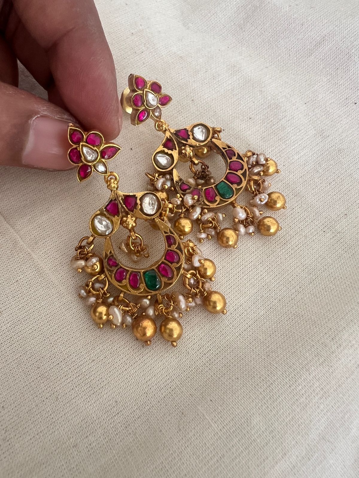 Gold Polish Kundan, Emerald & Ruby Hangings With Pearls, With Screw ( MADE TO ORDER)-Earrings-CI-House of Taamara