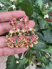 Gold Polish Kundan, Emerald & Ruby Hangings With Pearls, With Screw ( MADE TO ORDER)-Earrings-CI-House of Taamara