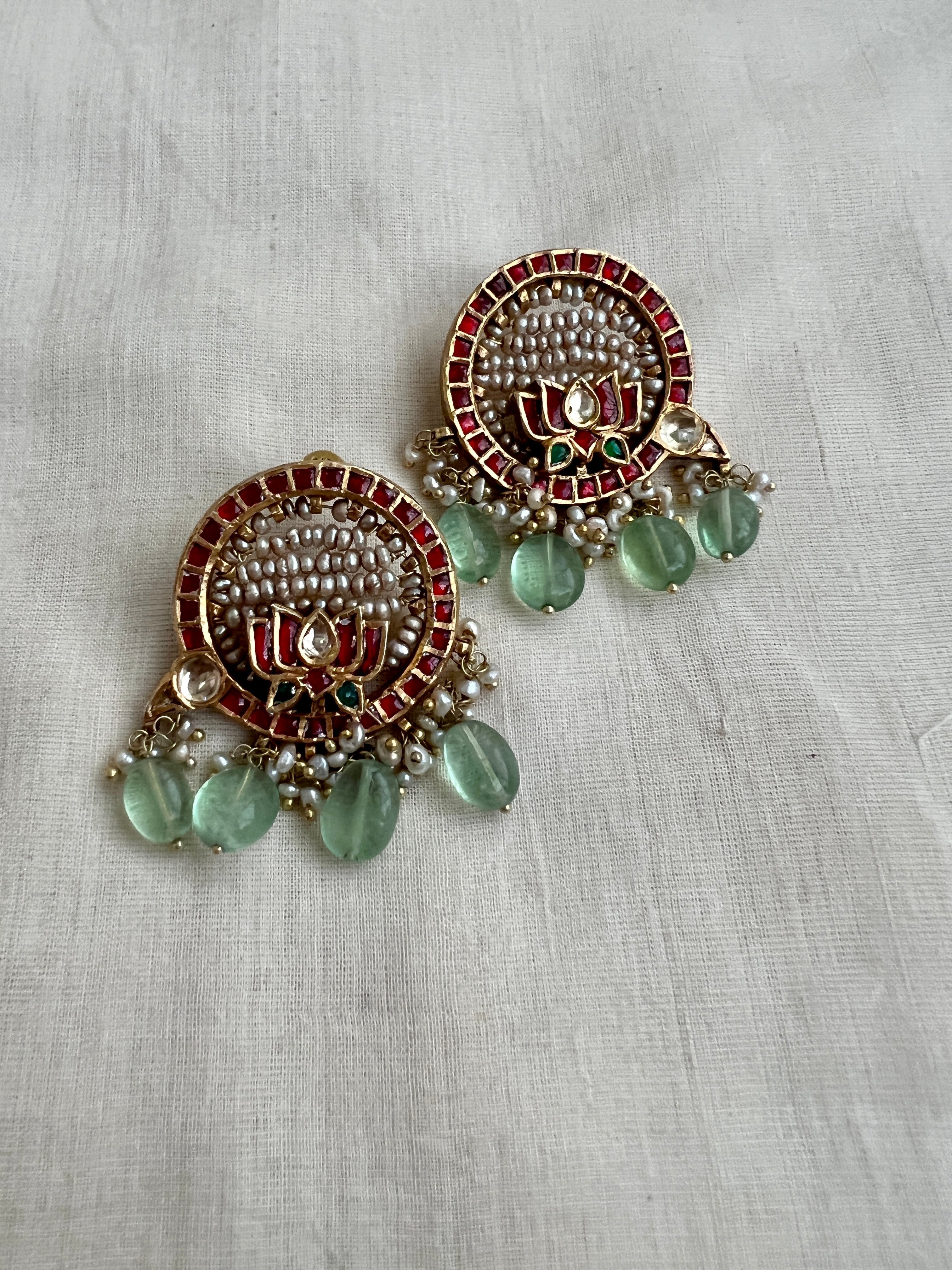 Gold Polish Kundan & Lotus Earrings With Ruby & Pearls (Made to Order)-Earrings-CI-House of Taamara