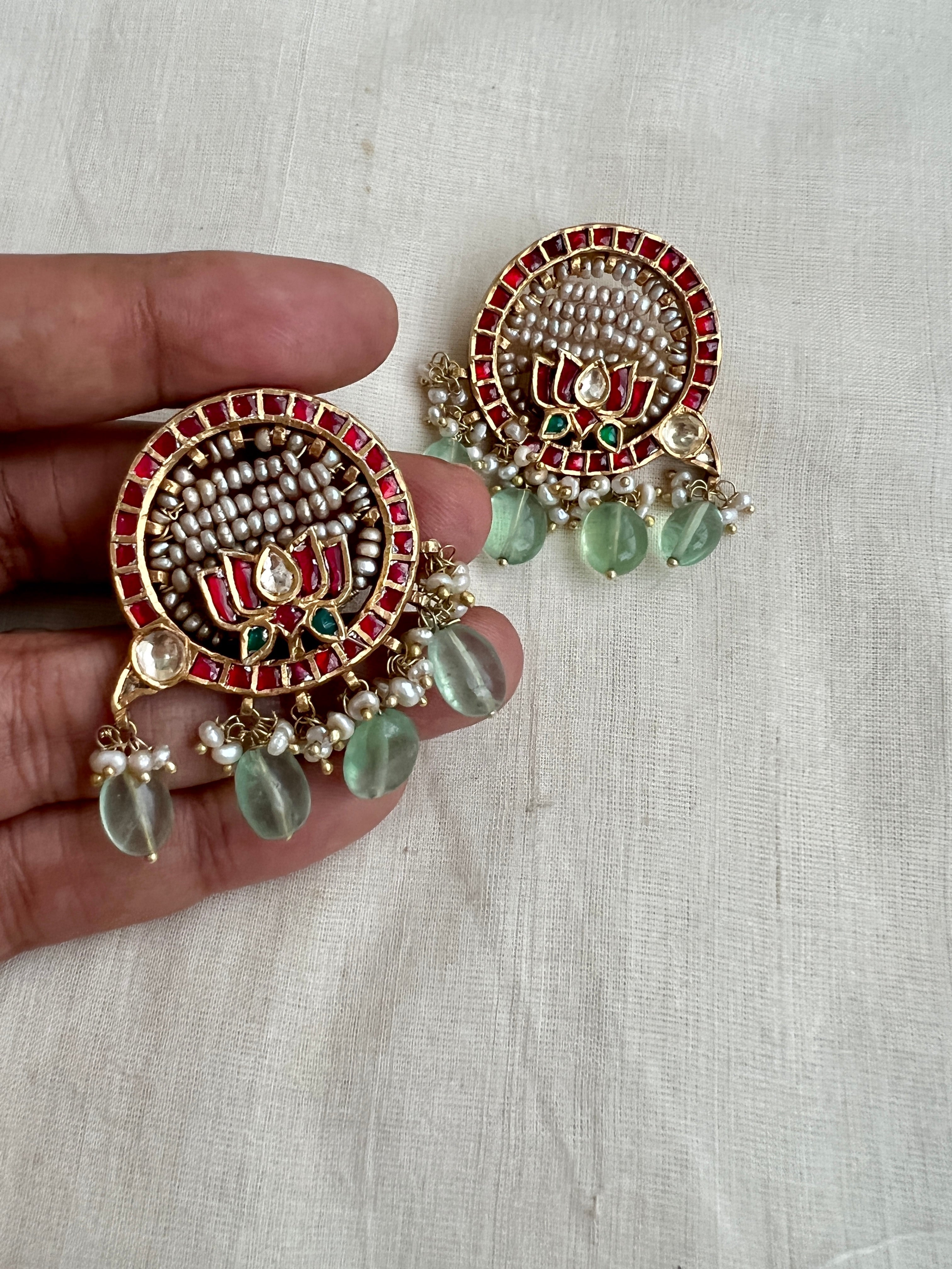 Gold Polish Kundan & Lotus Earrings With Ruby & Pearls (Made to Order)-Earrings-CI-House of Taamara