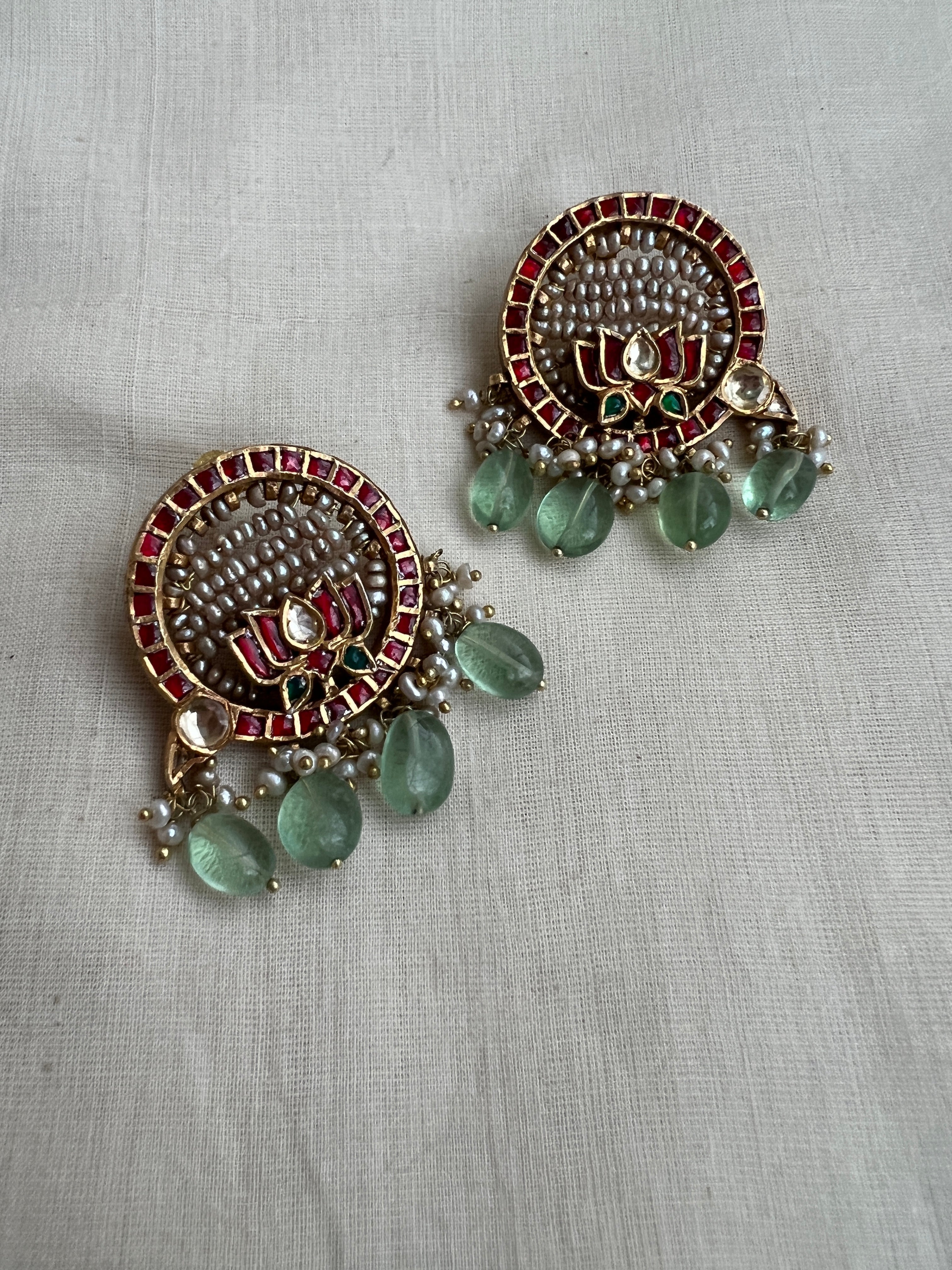 Gold Polish Kundan & Lotus Earrings With Ruby & Pearls (Made to Order)-Earrings-CI-House of Taamara